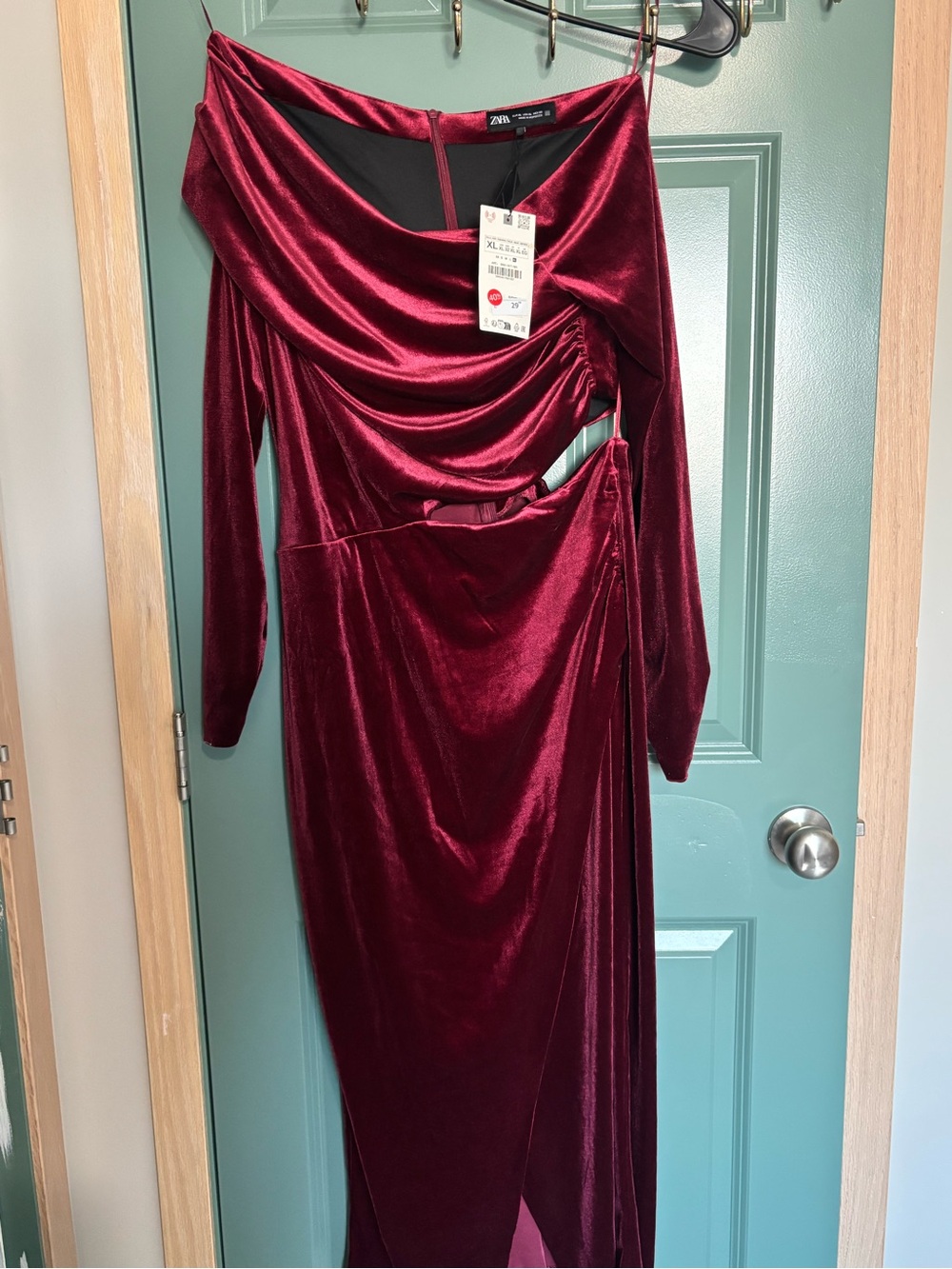 Zara Wine Red Velvet Long Sleeve Draped Maxi Dress